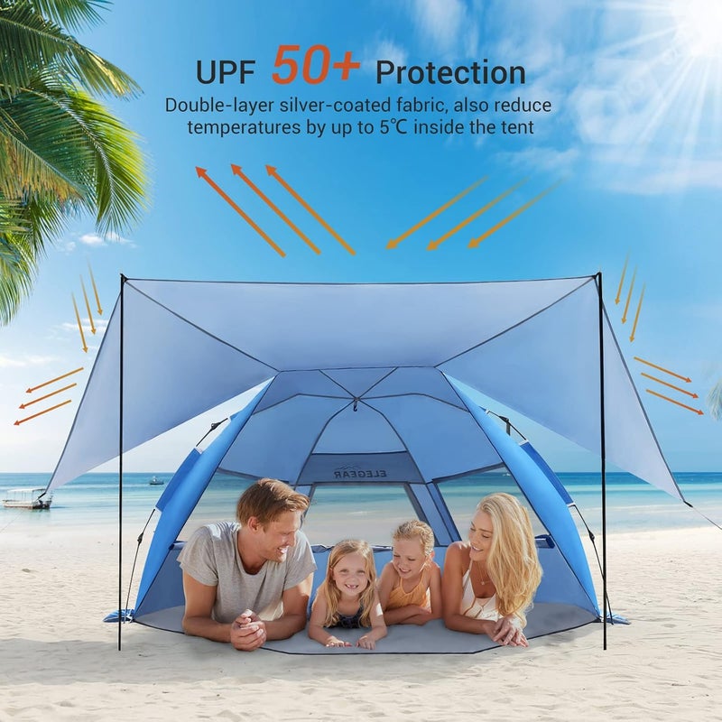 Elegear Beach Tent with Canopy, 1-Second Setup Pop Up Sun Shelter Shade, UPF 50+ UV Protection Silver-Coated Lightweight Portable Beach Cabana - Image 4